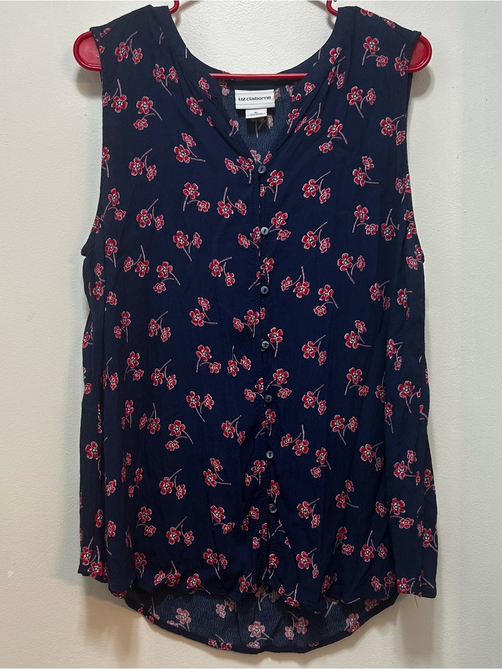 Liz Claiborne Navy Red Floral Sleeveless Button Front Blouse